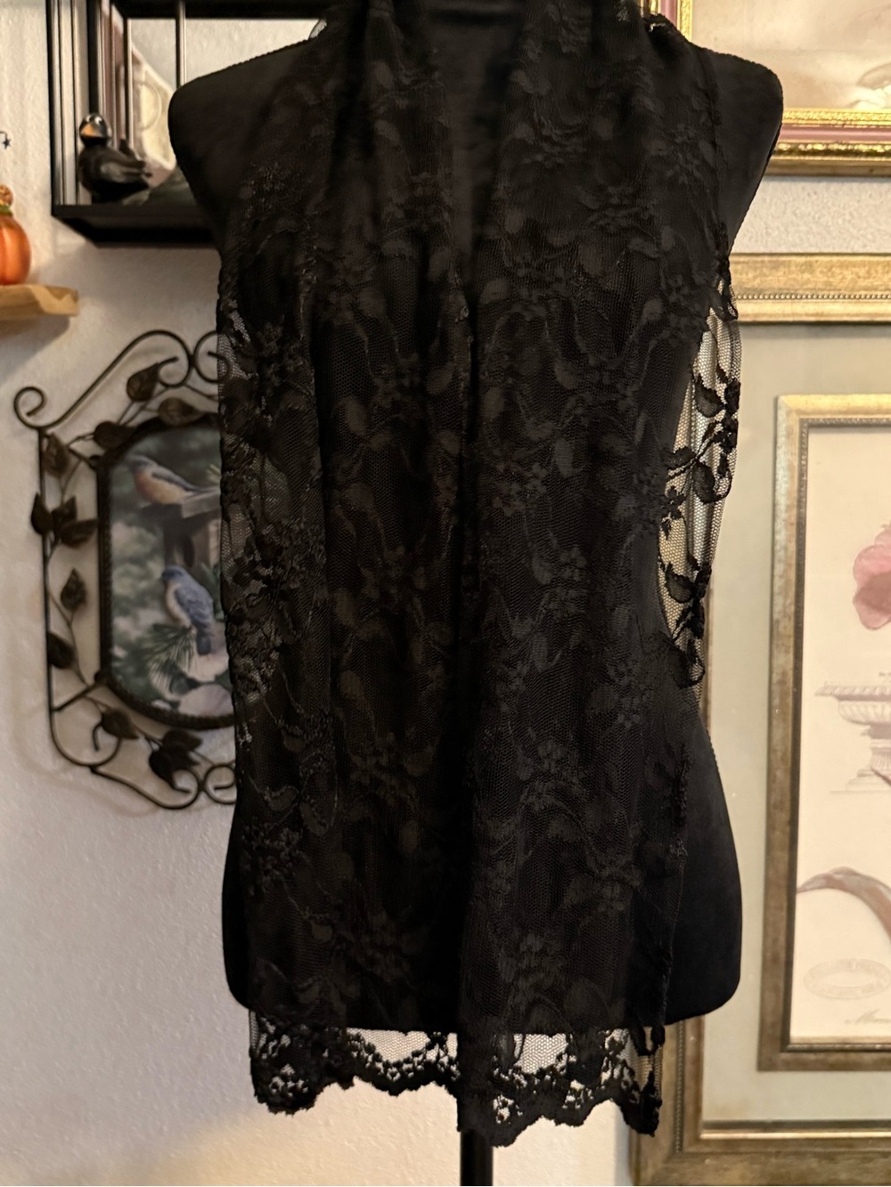 VTG A. Brod Black Sheer Floral Lace Long Scarf Made in USA Goth Coquette - Picture 3 of 7